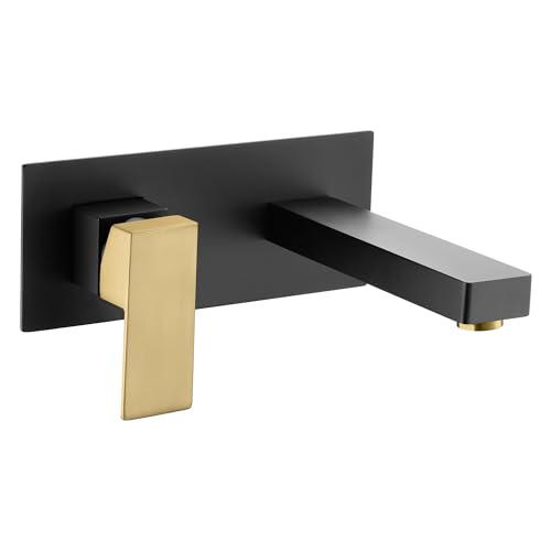 SUMERAIN Wall Mounted Bathroom Sink Faucet, Black and Gold | Left-Handed Single Handle, Rough in Valve and Wall Plate Included - color: Black and Gold, size: Left-Handed