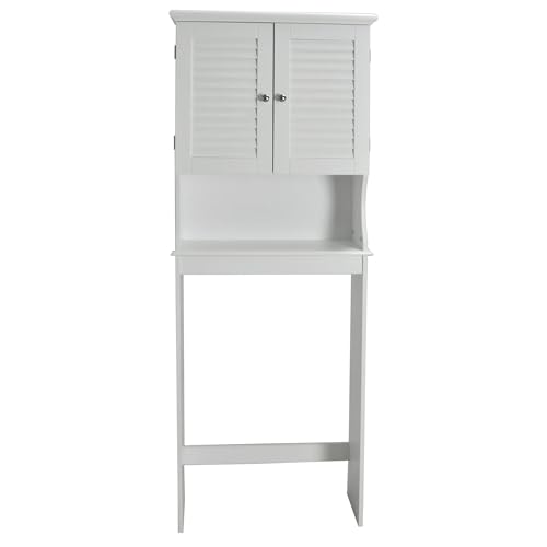 Redmon Louvered Double Doors Over the Toilet Space Saver Storage Cabinet (Full Side Panels), Adjustable Center Shelf, 23.50 Inch Width x 63.00 Inch Height, White Semi Gloss Enamel Finish