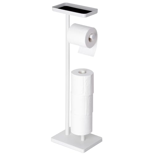 Clasin Home White Toilet Paper Holder Stand with Metal Top Shelf, Free Standing Bathroom Tissue Roll Holder with Weighted Base and Storage for 4 Rolls - color: White