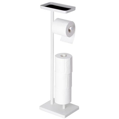 Clasin Home White Toilet Paper Holder Stand with Metal Top Shelf, Free Standing Bathroom Tissue Roll Holder with Weighted Base and Storage for 4 Rolls - color: White