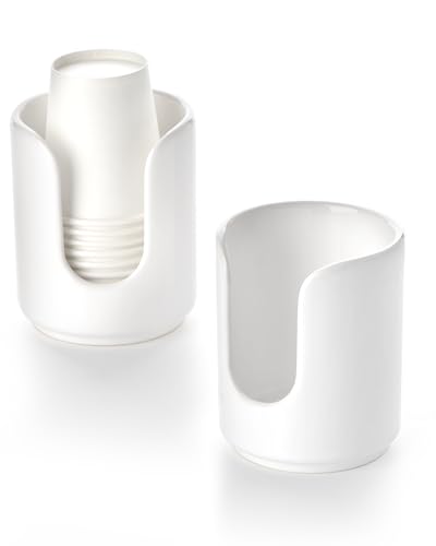 3 oz Original Ceramic Bathroom Cup Dispenser, (2 Pack, White) | With 5 PLA Paper Cups, Bathroom Essential Accessories for Mouthwash Holder on Bathroom Vanity Countertops - color: White, size: 2 Pack