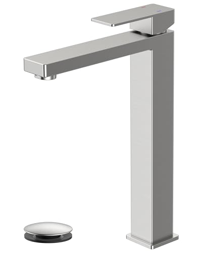 FORIOUS Vessel Sink Faucet Single Hole, Brushed Nickel Tall Bathroom Faucet | Modern Tall Single Handle Space Saving Design, with Pop up Drain for Basin Bowl Vanity Lavatory Residential/Commercial Use - color: Stainless Steel, size: Tall
