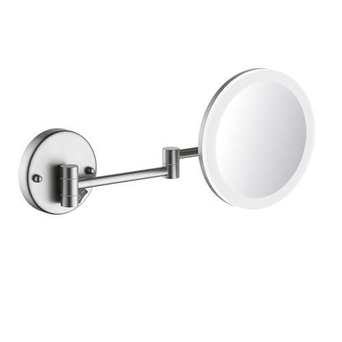 KIBI LED Wall Mount Makeup Mirror, 5X Magnification, One-Sided, Circular Lighted Mirror with Adjustable Arm | Magnifying Vanity Mirror with Light for Bathroom or Bedroom (Brushed Nickel, KMM102) - color: Brushed Nickel