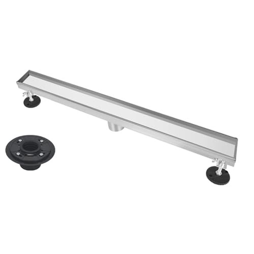 24 Inch Tile Insert Linear Shower Drain with Leveling Feet and Rubber Gasket 2" Outlet Plastic ABS Flange and Hair Strainer - Removable Brushed SS304 Grate - Fit 2" or 3" Pipe