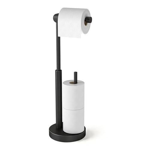 Toilet Paper Holder Stand with Storage & Weighted Base, Matte Black | Free Standing Stainless Steel Design with Open-Ring Arm for Easy Roll Replacement - color: Matte Black