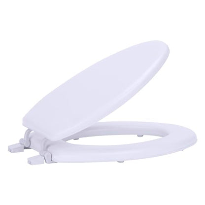 PowerSellerUSA Wood Elongated Toilet Seat, Adjustable Hinges Toilet Seats with Non Slip Grip Tight Bumpers, Oval Shape Heavy Duty Wooden Bathroom Toilet Seat Close Lid Set, White - color: White - Wood, size: 19" Elongated