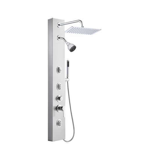 ROVOGO Dual Head Shower Panel Tower System for Family Use, 2-Setting Body Jets and Handheld, Stainless Steel Shower Column with Mixer Valve, 47.2", Brushed