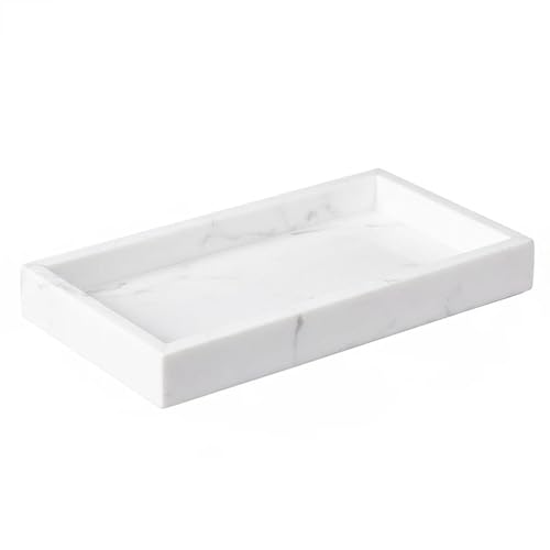 Natural Marble Tray Heavyweight Stone Vanity Tray for Bathroom Countertop, Coffee Table & Dresser - Handcrafted Rectangular Organizer (White, 9.84" x 4.72" x 1.18") - color: White