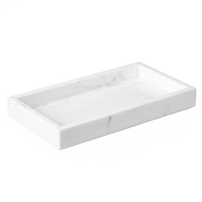Natural Marble Tray Heavyweight Stone Vanity Tray for Bathroom Countertop, Coffee Table & Dresser - Handcrafted Rectangular Organizer (White, 9.84" x 4.72" x 1.18") - color: White