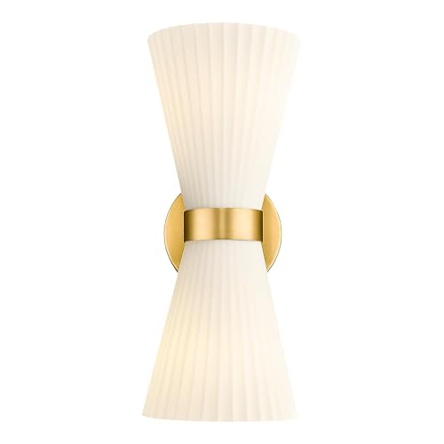 Gold Sconce Wall Lighting, HWH Single Wall Vanity Light Fixture Brushed Gold Wall Sconce Lamp, Modern Indoor Up Down Wall Light with Frosted Milk White Striped Glass Shade, 5HZG97B-2W BG - color: Brushed Gold, size: 2-Light