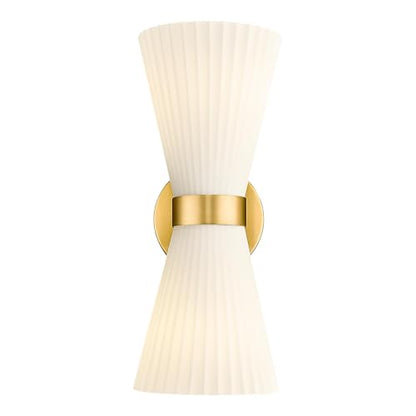 Gold Sconce Wall Lighting, HWH Single Wall Vanity Light Fixture Brushed Gold Wall Sconce Lamp, Modern Indoor Up Down Wall Light with Frosted Milk White Striped Glass Shade, 5HZG97B-2W BG - color: Brushed Gold, size: 2-Light