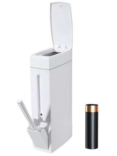 Slim Trash Can,Bathroom Trash Can with Toilet Brush and Holder Set 4.5 Liter / 1.2 Gallon Press-Type Plastic Garbage Can Slim Rectangular Trash Bin for Toilet ﻿, white, 5CC1101247