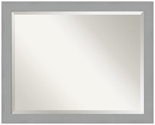 Amanti Art Silver Bathroom Mirror for Over Sink, 25x31 Brushed Nickel Rectangle Vanity Mirror, Large Modern Frame, Hangs Horizonally and Vertically, Bathroom Wall Decor, Beveled Edge - color: Brushed Nickel V1, size: 31"L x 25"W