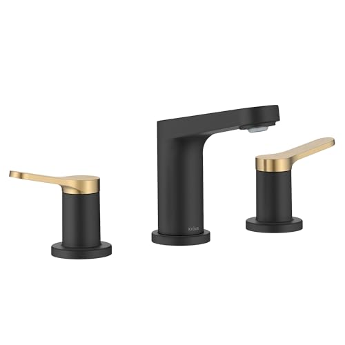 KRAUS Indy Widespread Bathroom Faucet in Spot-Free Brushed Brass/Matte Black with 2 Handles, Pop Up Drain and Supply Lines, FUS-14103SFBBMB - color: Spot Free Brushed Brass/Matte Black, style: Widespread