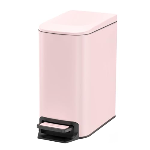Cesun Small Bathroom Trash Can with Lid, 1.6 Gal, Soft Close, Pink | Step pedal soft close, Slim 5.9in fits narrow spaces, Stainless steel, Anti-fingerprint, Removable inner bucket, Odor seal - color: Pink
