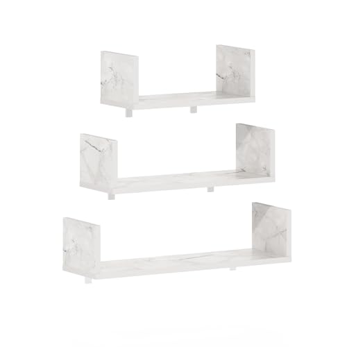 U-Shape Set of 3 Rectangular Wall Mounted Shelves, Wall Shelf Set with 11.7 x 15.7 x 18.9 Width, Floating Shelves for Wall, for Home Office, Living Room, Bathroom, Marble White - color: Marble White