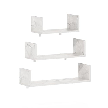 U-Shape Set of 3 Rectangular Wall Mounted Shelves, Wall Shelf Set with 11.7 x 15.7 x 18.9 Width, Floating Shelves for Wall, for Home Office, Living Room, Bathroom, Marble White - color: Marble White