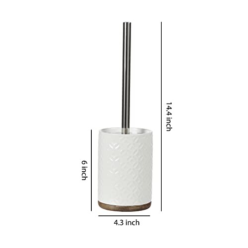 Bathroom Accessories Ceramic Toilet Brush Set - Toilet Bowl Brush and Holder with Wooden Base (White and Beige)