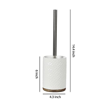 Bathroom Accessories Ceramic Toilet Brush Set - Toilet Bowl Brush and Holder with Wooden Base (White and Beige)