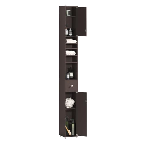 SoBuy Bathroom Storage Cabinet Adjustable Shelves, Tall Narrow, Brown | Freestanding Cupboard With Adjustable Shelves, Space-Saving Storage For Tiny Bathroom Gaps, BZR34-BR - color: Brown