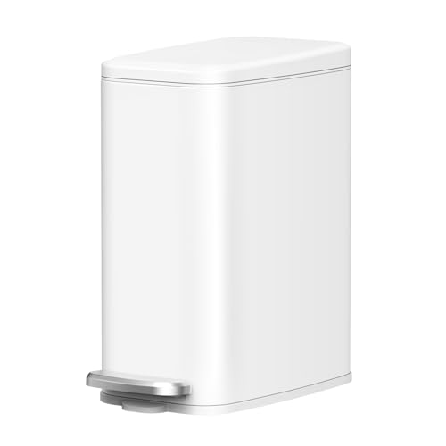Cesun Slim Bathroom Trash Can with Lid, Soft Close, White, 6L/1.6 Gallon | Hidden Trash Bag Design, Small, Stainless Steel, Removable Inner Bucket, Foot Pedal, Odor Control, for RV/Office/Bedroom - color: White