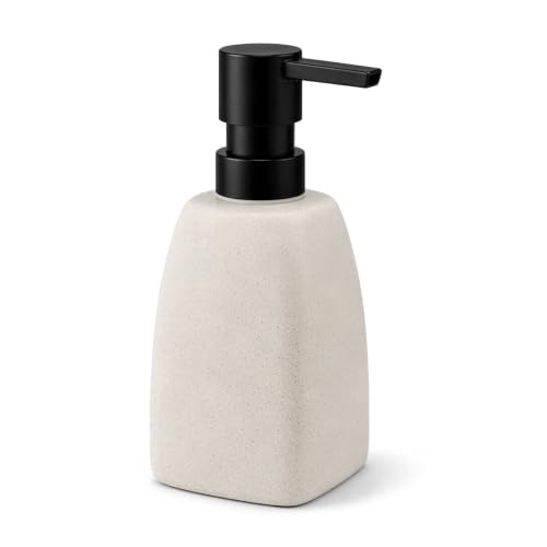 Stone Soap Dispenser, Matte Speckled Off White Ceramic Soap Dispenser with Black Pump, Modern Countertop Liquid Hand Soap Bottle for Bathroom Kitchen Decor