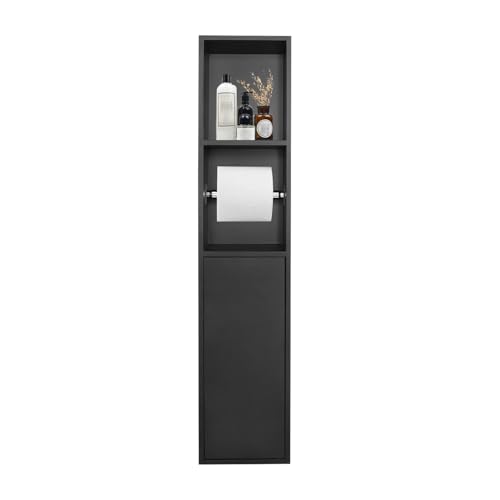 Recessed Toilet Paper Holder, 304 Stainless Steel Bathroom Toilet Paper Holder with Storage Cabinet for Toilet Brush Holder, Built-in Toilet Paper Dispenser (Black)