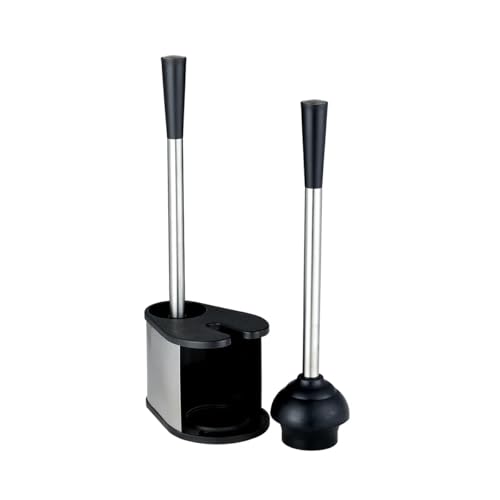 J&V TEXTILES 2-in-1 Toilet Plunger and Brush Set, Extended Stainless Steel Handle, Black Bathroom Cleaning Tools with Storage Holder, Heavy Duty Combo Pack