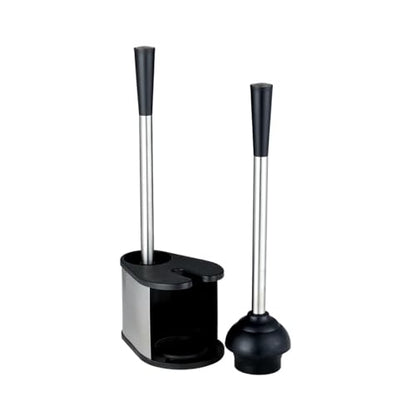 J&V TEXTILES 2-in-1 Toilet Plunger and Brush Set, Extended Stainless Steel Handle, Black Bathroom Cleaning Tools with Storage Holder, Heavy Duty Combo Pack