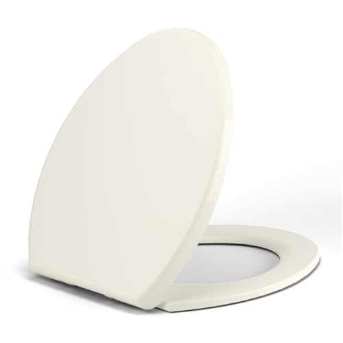 Round Toilet Seat, Standard 16.5″, Slow Close, Almond/Bone | Easy Installation, Easy Cleaning, Quick-attach metal hinges, Quiet Operation, Fits Standard Round Toilets