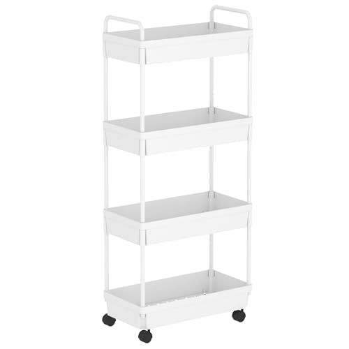 Buzowruil Rolling Storage Cart 4 Tier Organizer Mobile Shelving Unit Storage Rolling Utility Cart with Wheels for Kitchen Bathroom Laundry,White