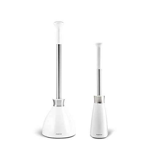 simplehuman Toilet Plunger and Toilet Brush Set with Holder, Magnetic Drip-Free Covers, Crescent Brush Head and Modern-Toilet Plunger Flange, Hidden Dome Storage, Stainless Steel, White - color: White, style: Plunger and Brush Bundle
