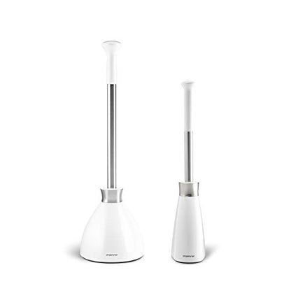 simplehuman Toilet Plunger and Toilet Brush Set with Holder, Magnetic Drip-Free Covers, Crescent Brush Head and Modern-Toilet Plunger Flange, Hidden Dome Storage, Stainless Steel, White - color: White, style: Plunger and Brush Bundle
