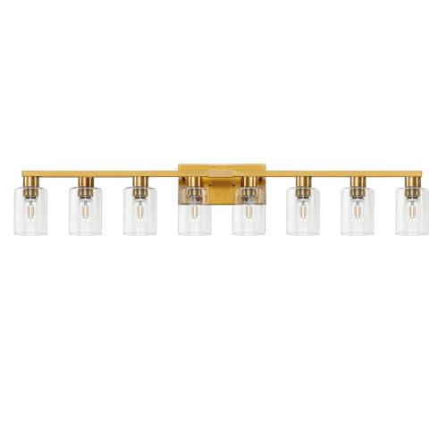 8 Light Bathroom Vanity Light Gold Bathroom Light Fixtures Brass Vanity Lights for Bathrrom 46 in Large Wall Sconce Brush Gold with Clear Glass Shade for Living Room - color: Gold, size: 8 Light