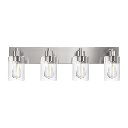 4-Light Brushed Nickel Bathroom Vanity Lights, Clear Glass | Brushed Nickel Metal Frame,Up/Down Wall Mount,cylinder Glass Shade,Kitchen Hallway Bedroom Indoor Use,Easy Install,E26 Base - size: 4-light