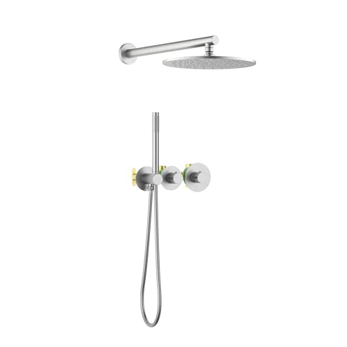 Circular Brushed Nickel Thermostatic Shower System – Rainfall & Handheld Shower Head Set | 2-Function Shower Faucet Set with Rough-In Valve | Solid Brass Build & Temperature Control (KSF410BN) - color: Brushed Nickel