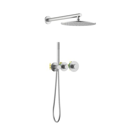Circular Brushed Nickel Thermostatic Shower System – Rainfall & Handheld Shower Head Set | 2-Function Shower Faucet Set with Rough-In Valve | Solid Brass Build & Temperature Control (KSF410BN) - color: Brushed Nickel