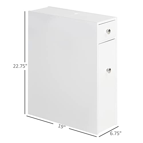 HOMCOM Bathroom Floor Organizer Free Standing Narrow Storage Cabinet White | Wooden, Space Saving, Bath Toilet Paper Holder, with Drawers