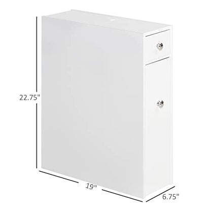 HOMCOM Bathroom Floor Organizer Free Standing Narrow Storage Cabinet White | Wooden, Space Saving, Bath Toilet Paper Holder, with Drawers
