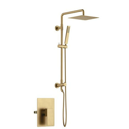 KIBI Cube 2-Function Wall Mounted Rain Shower Column | Bathroom Shower Faucet System with Solid Brass Rough-In Valve, 10" Rain Shower Head | Easy Temperature Control (Brushed Brass, KSC404) - color: Brushed Brass