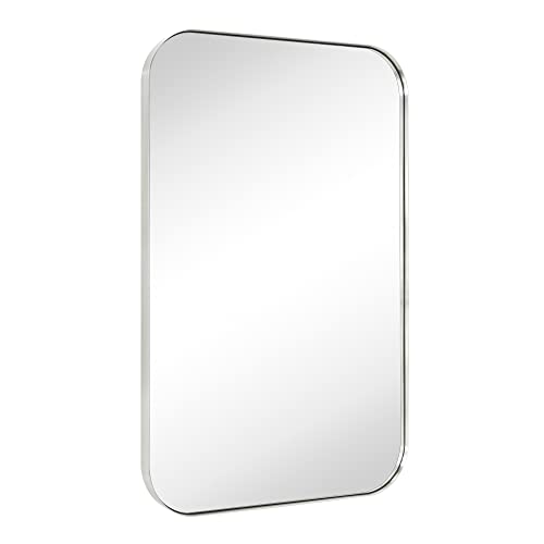 24x36'' Brushed Nickel Rounded Rectangle Bathroom Vanity Wall Mirror Silver Stainless Steel Metal FramedRectangular Bathroom Mirror, Vertical and Horizontal Hanging