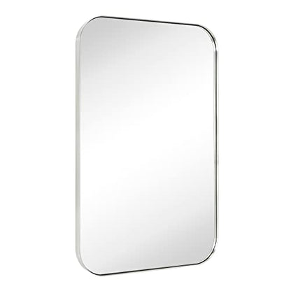 24x36'' Brushed Nickel Rounded Rectangle Bathroom Vanity Wall Mirror Silver Stainless Steel Metal FramedRectangular Bathroom Mirror, Vertical and Horizontal Hanging