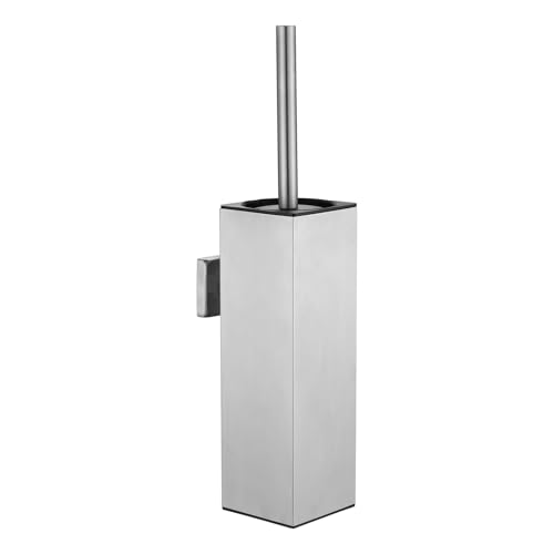 Toilet Brush Set, Brushed Wall-Mounted Toilet Brush Holder | Square Stainless Steel Toilet Brush for the Bathroom—Drill-Hole Installation, Long Handle with Splash-Proof Plastic Cover - color: Brushed
