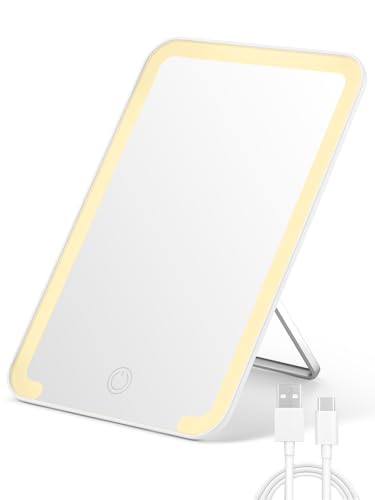 OMIRO 8 x 5 in Travel Lighted Makeup Mirror, Desk Mirror for Shaving, White | Rechargeable Vanity Mirror with 3 Color Lighting, Adjustable Brightness, 2000 mAh Battery, Foldable Bracket, Distortion-Free - color: White-lighted, size: 8"L x 5"W