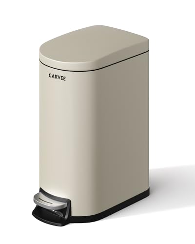 Garvee 2.6 gal / 10 L Metal Bathroom Trash Can with Lid, Slim Waterproof Garbage Can for Bedroom, Small Step-on Trash Bin with Inner Bucket, Rear Handle, Soft Close Lid, Sand Beige - color: Sand Beige, size: 2.6 Gallons