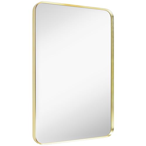 Gold Bathroom Mirror 16x20in, Metal Framed Rounded Rectangle Wall | Tempered Glass, Anti-Rust Frame, Hangs Horizontal or Vertical, HD Reflection Clarity - color: Gold, size: 20"L x 16"W, style: Rectangle