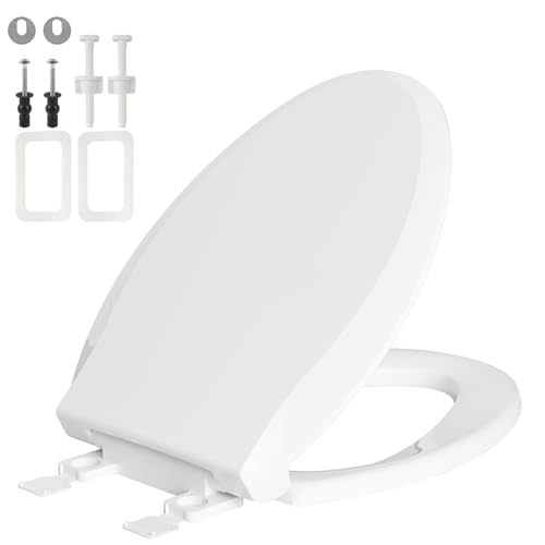 Toilet Seat Elongated with Slow Close Hinges, Universal Oval Fit, White | Compatible with TOTO/Kohler/Gerber/American Standard, Four Bumpers Never Loosen, Two Sets Toilet Bolts and Nuts, - style: Universal Elongated Fit
