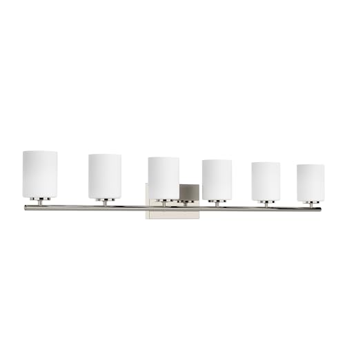 Progress Lighting Replay Collection 6 Light Bathroom Vanity Light, Modern Bath Lighting Fixture with Etched White Glass Shades for Over the Mirror, Reversible Mounting, Polished Nickel - color: Polished Nickel, size: 6-Light