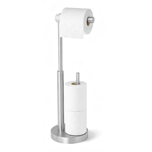 Toilet Paper Stand with Storage & Weighted Base, Brushed Nickel | Free Standing Stainless Steel Design with Open-Ring Arm for Easy Roll Replacement - color: Brushed Nickel