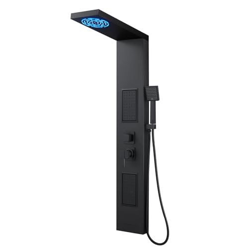 ROVOGO Shower Panel Tower System with LED Lights, 5 Shower Modes, 50 Inch | Rainfall Mist Shower Head, Body Jets, Handheld & Tub Spout, Stainless Steel Shower Column, Brass Mixing Valves, Matte Black - style: 50" Black